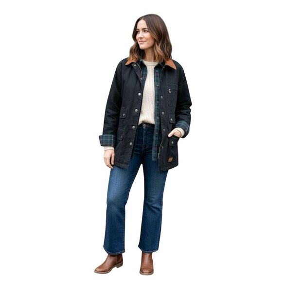 VINTAGE Lauren Jeans Co. Black Barn Chore Coat Jacket Plus Size 1X Suede Collar - Picture 1 of 10